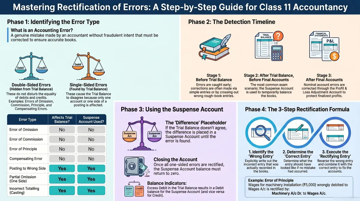 Rectification of Errors Class 11 Accountancy – Types, Suspense Account and Journal Entries — Visual summary and infographic