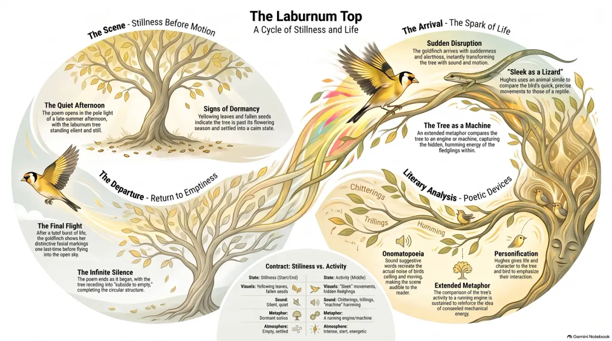 The Laburnum Top by Ted Hughes — Summary, Analysis and Poetic Devices cover image