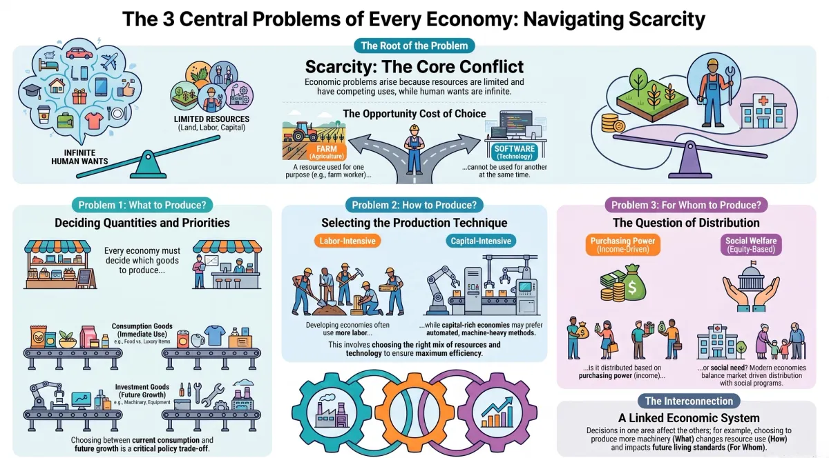 Three Central Problems of Every Economy: What, How & For Whom to Produce — Visual summary and infographic