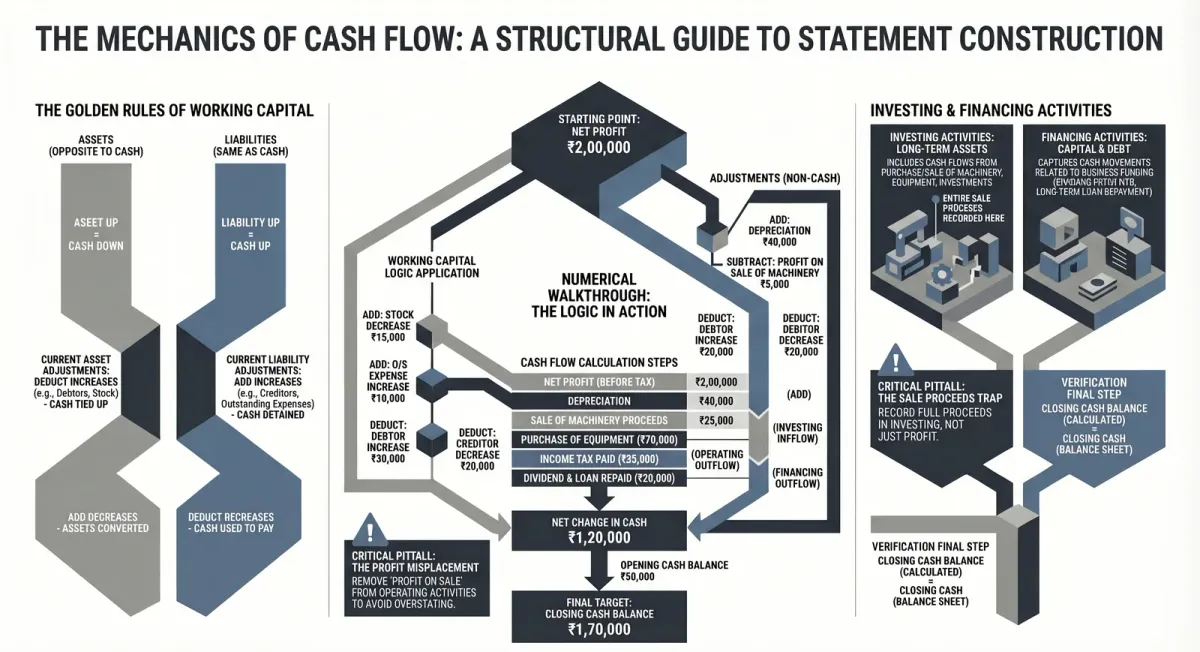 Cash Flow Statement: Working Capital Rules, Full Format & Complete Worked Example — Class 12 — Comprehensive visual summary and infographic
