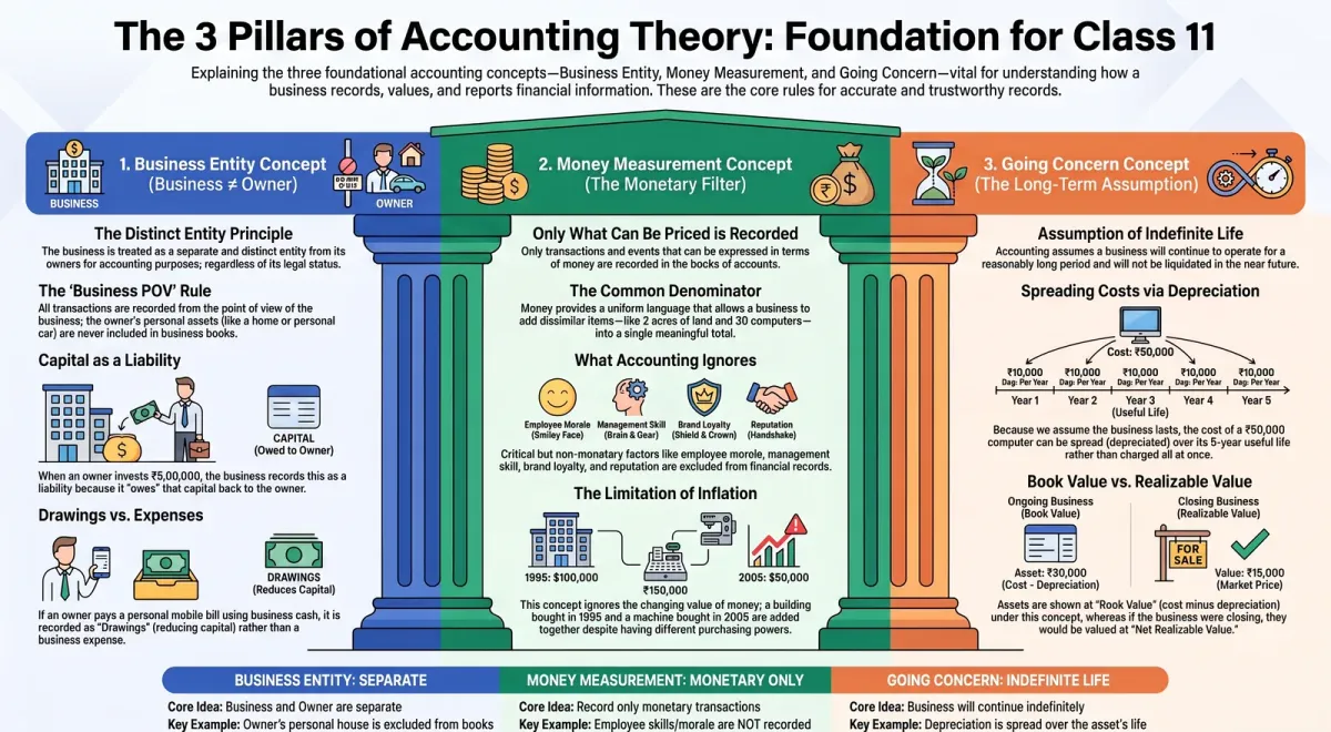 Business Entity, Money Measurement & Going Concern Concepts | Class 11 Accountancy