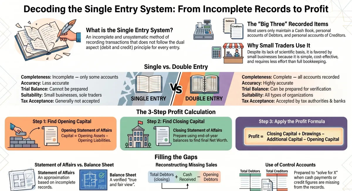 Single Entry System Class 11 Accountancy – Statement of Affairs, Net Worth and Profit Calculation — Visual summary and infographic