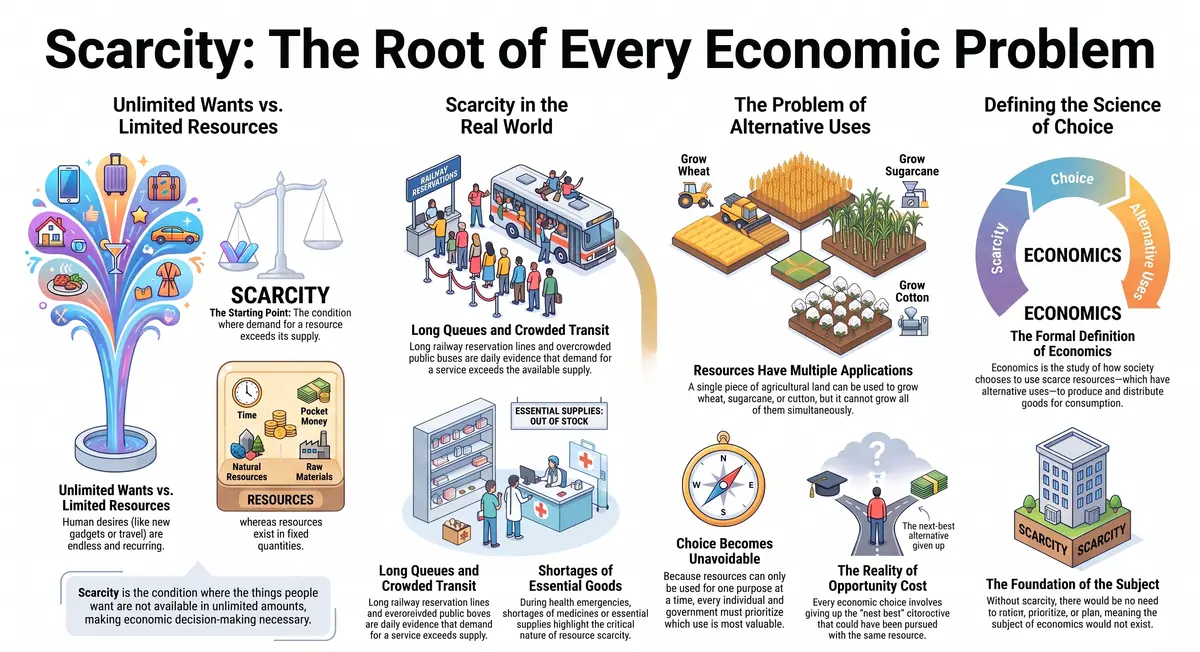 Scarcity and the Problem of Choice in Economics (Class 11) — Comprehensive visual summary and infographic