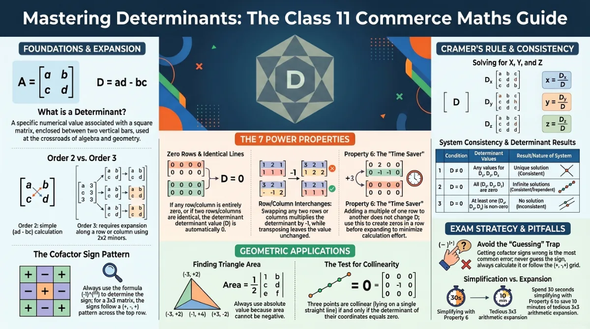 Determinants Class 11 Commerce Maths – Properties, Cramer's Rule & Applications — Visual summary and infographic