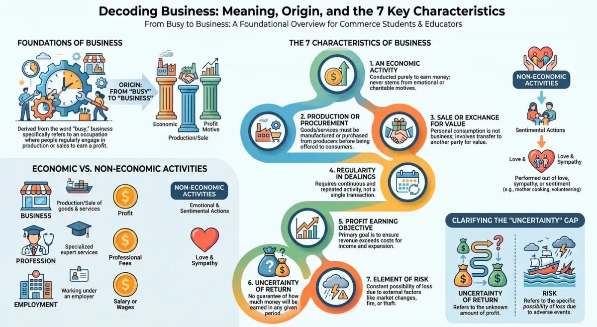 Infographic illustrating the definition of business and 7 key characteristics for Class 11