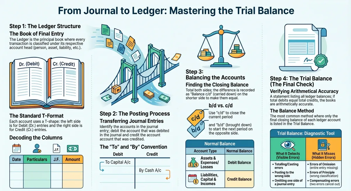 Ledger and Trial Balance Class 11 Accountancy – Posting, Balancing and Preparation — Visual summary and infographic