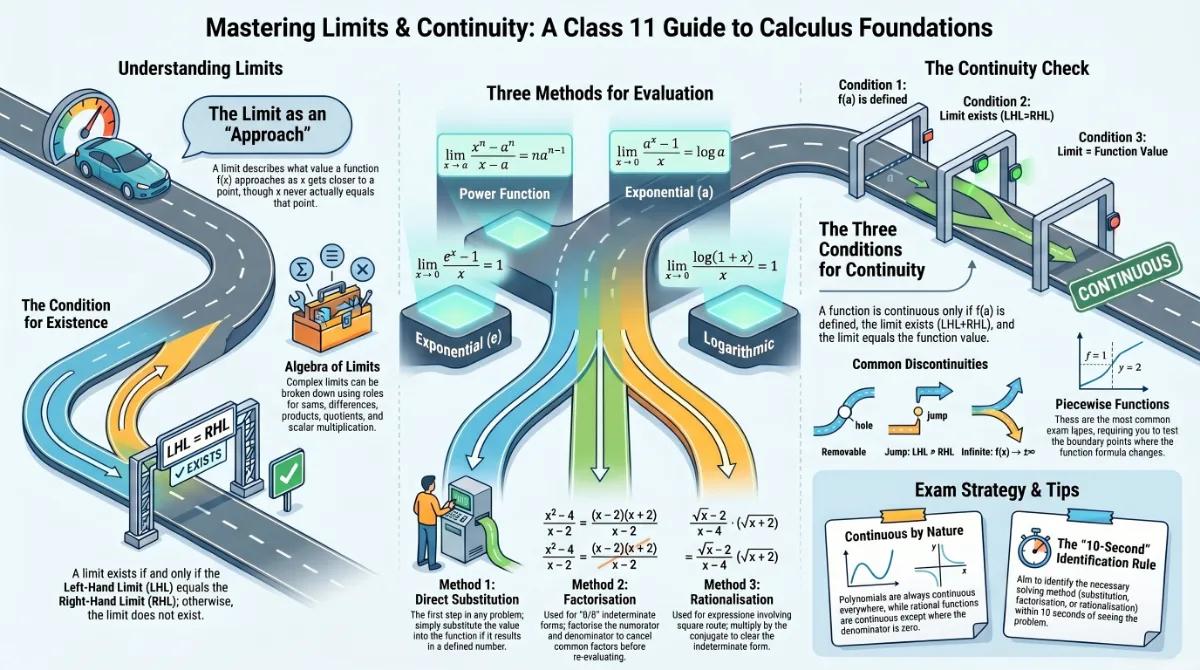 Limits and Continuity Class 11 Commerce Maths – Methods, Definitions & Solved Examples — Visual summary and infographic