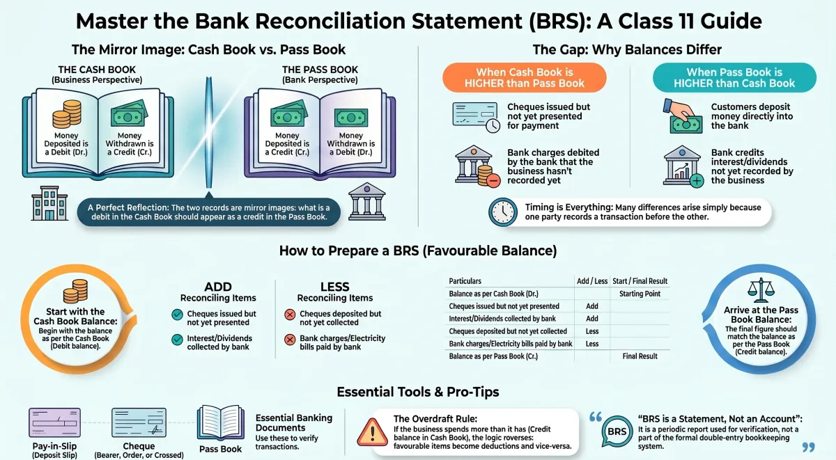 Bank Reconciliation Statement Class 11 – Meaning, Reasons and Solved Problems — Visual summary and infographic