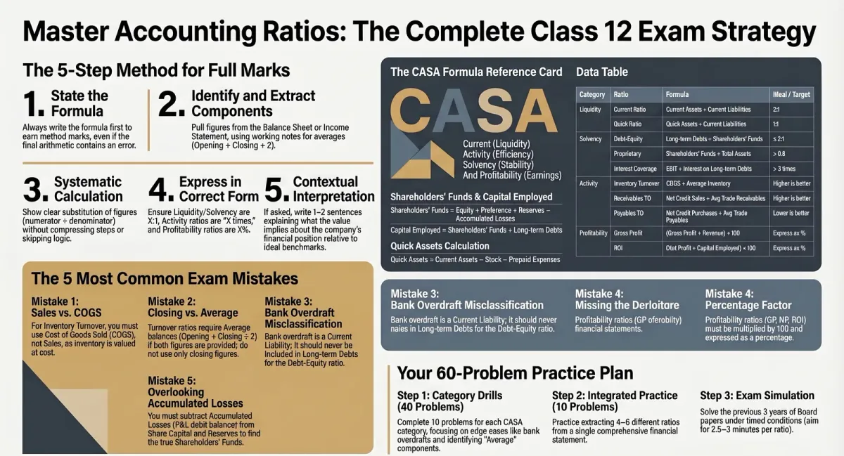 Accounting Ratios Exam Strategy: Complete Formula Sheet, Mistakes & Practice Plan — Class 12 — Comprehensive visual summary and infographic