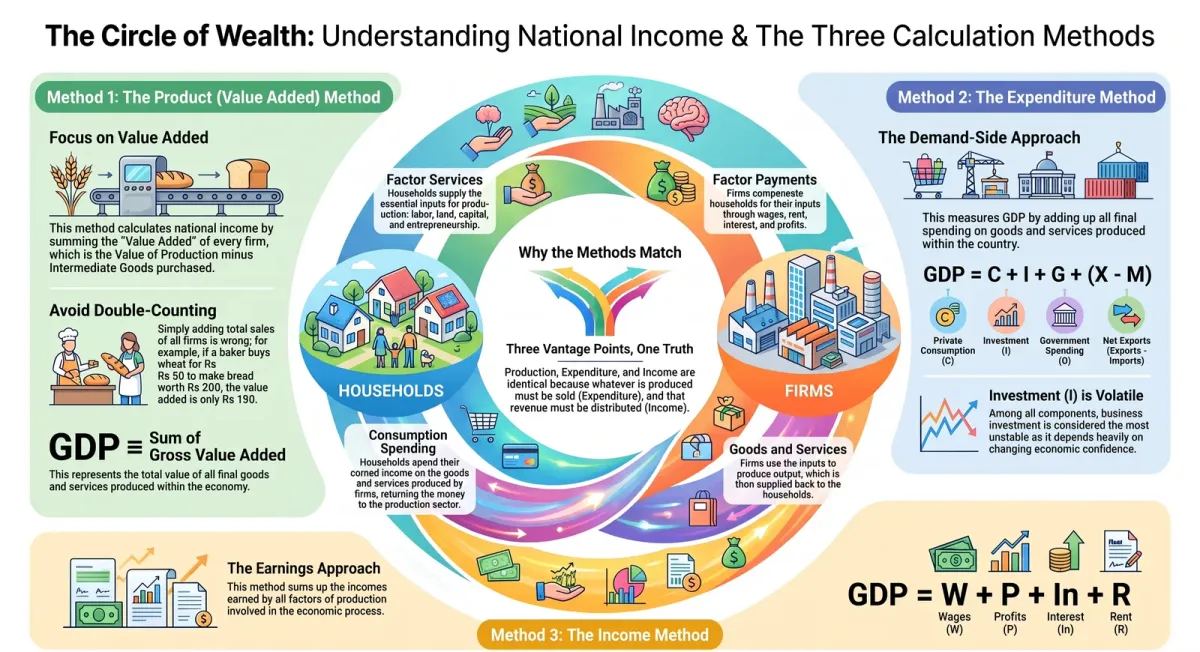 Circular Flow of Income & 3 Methods to Calculate National Income | Class 12 Economics