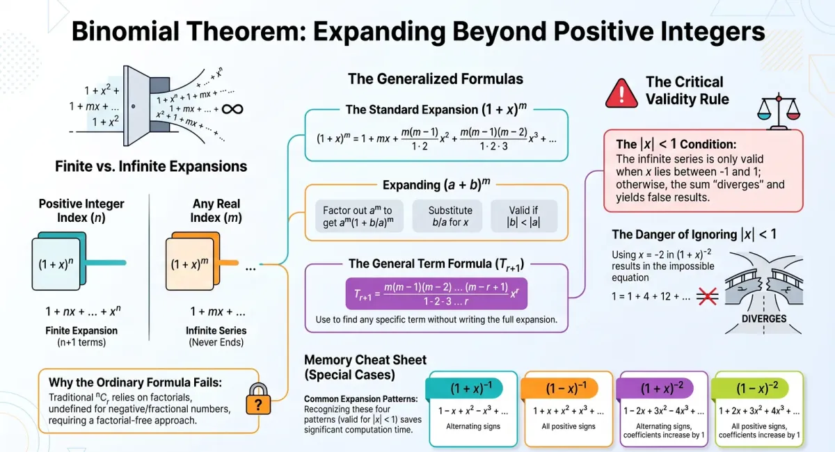 Binomial Theorem for Any Index: Formula, Conditions & Special Cases (Class 11 Maths) — Comprehensive visual summary and infographic