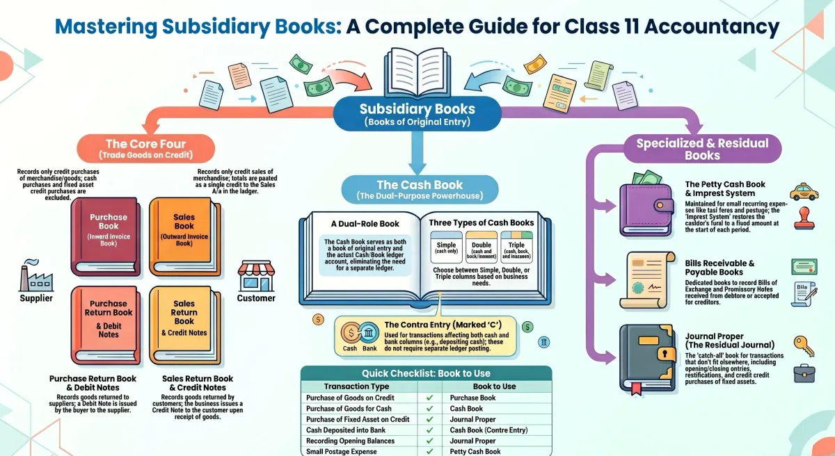 Subsidiary Books Class 11 Accountancy – Purchase Book, Sales Book, Cash Book Explained — Visual summary and infographic