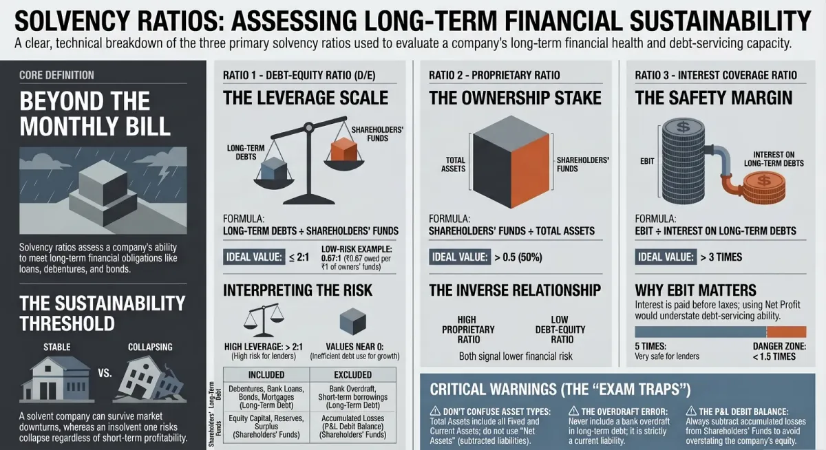 Solvency Ratios: Debt-Equity, Proprietary & Interest Coverage — CBSE Class 12 Accountancy — Comprehensive visual summary and infographic