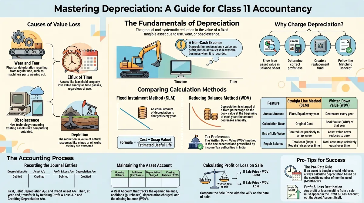 Depreciation Class 11 Accountancy – SLM, WDV Methods and Solved Problems — Visual summary and infographic