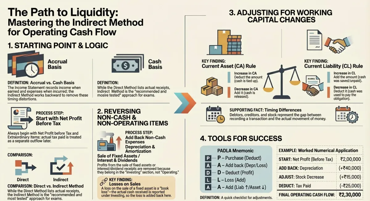 Cash Flow Statement Indirect Method: Operating Activities Step by Step — Class 12 Accountancy — Comprehensive visual summary and infographic