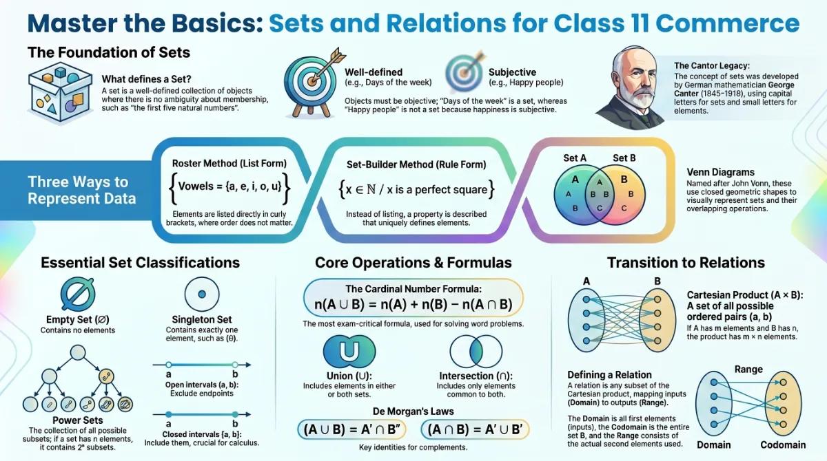 Sets and Relations in Class 11 Commerce Maths – Complete Guide with Examples — Visual summary and infographic