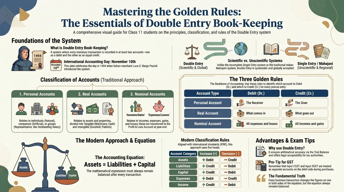Double Entry Book-Keeping Class 11 – Golden Rules of Debit and Credit Explained — Visual summary and infographic