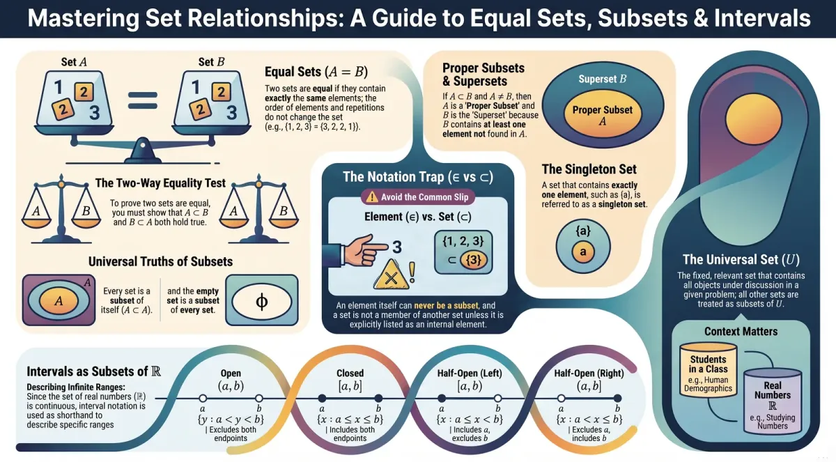Infographic summarising Equal Sets and Subsets in Class 11 Maths: Definitions, Rules & Examples
