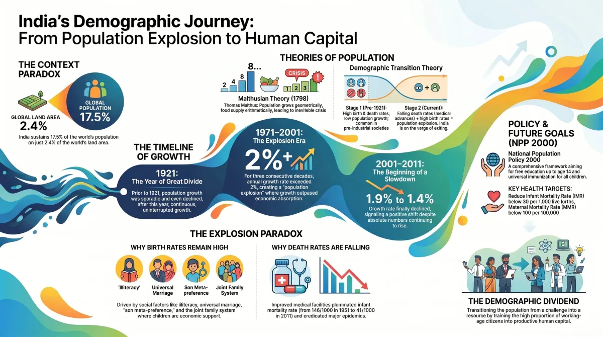 Population in India Class 11 Economics – Trends, Theories, Explosion and Policy Measures — Visual summary and infographic