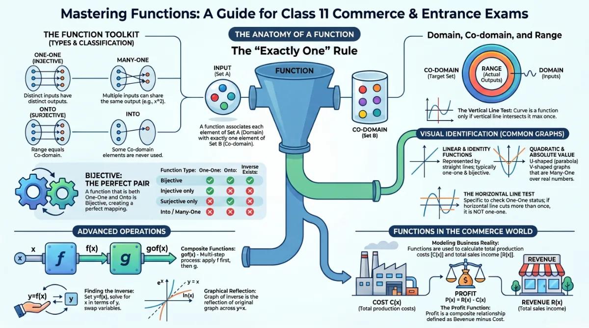 Functions in Class 11 Commerce Maths – Types, Graphs & Inverse Functions Explained — Visual summary and infographic