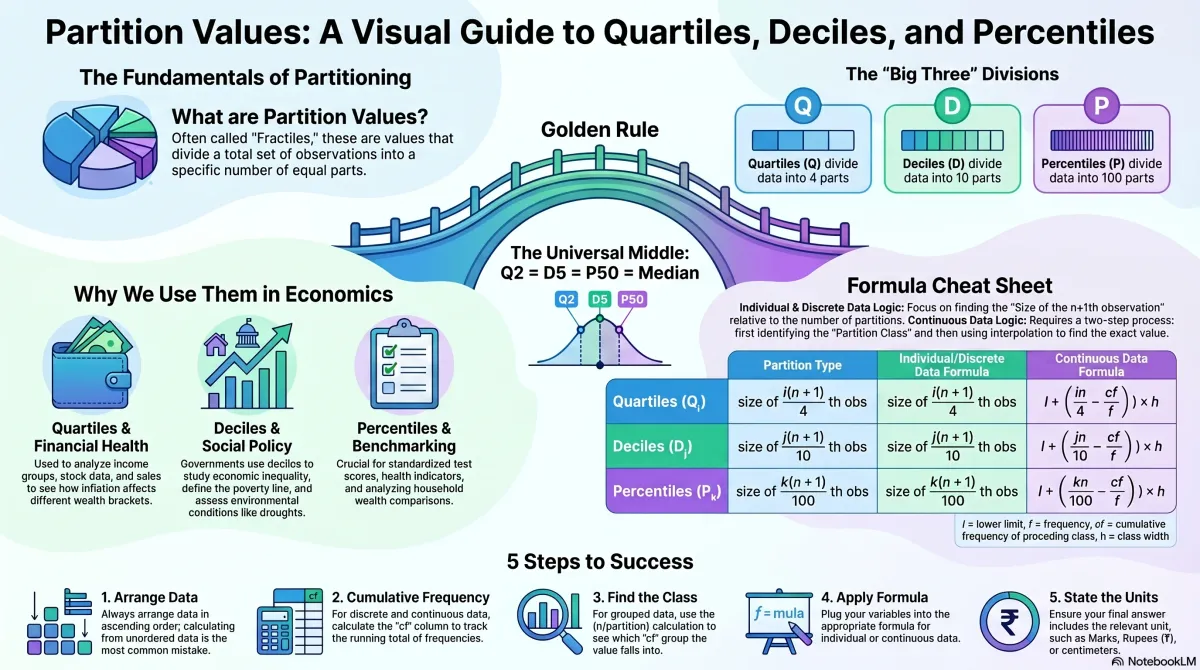 Partition Values Class 11 Economics – Quartiles, Deciles and Percentiles Explained with Examples — Visual summary and infographic