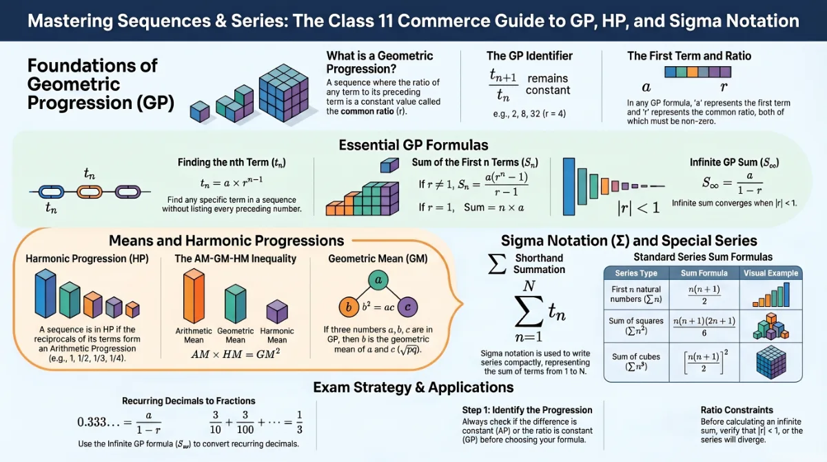 Sequences and Series Class 11 Commerce – Geometric Progression, Sum of GP & Sigma Notation — Visual summary and infographic