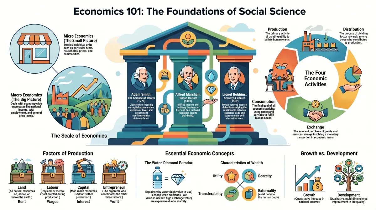 Basic Concepts in Economics Class 11 – Micro, Macro, Wants, Wealth and Economic Activities — Visual summary and infographic