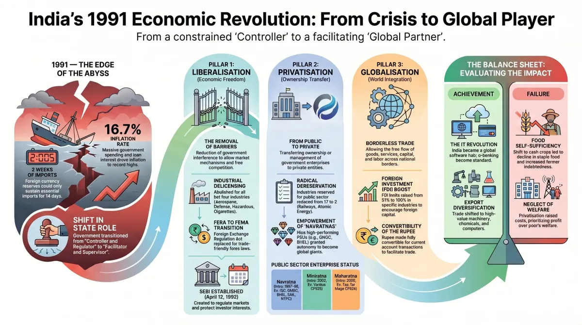 Economic Policy of India Since 1991 Class 11 – Liberalisation, Privatisation and Globalisation Explained — Visual summary and infographic
