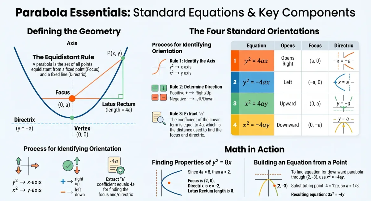 Parabola: Standard Equations, Focus, Directrix and Latus Rectum cover image