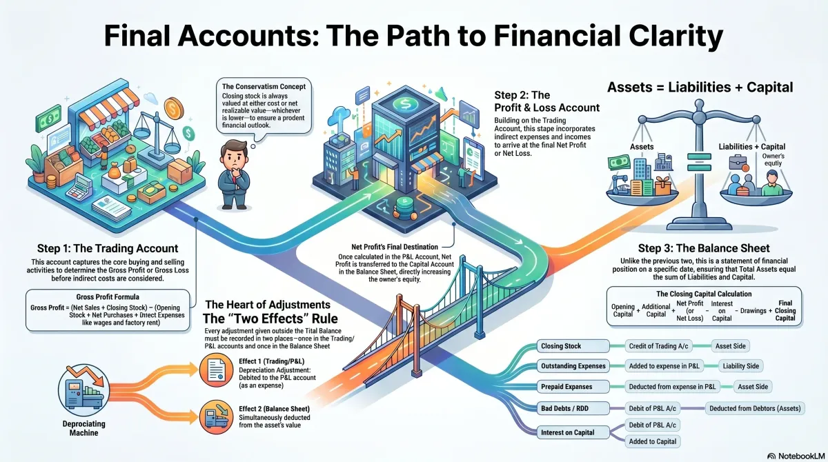 Final Accounts of a Proprietary Concern Class 11 – Trading Account, P&L and Balance Sheet — Visual summary and infographic