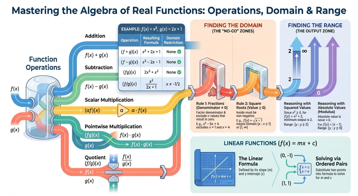 Algebra of Real Functions: Domain, Range & Solved Examples cover image