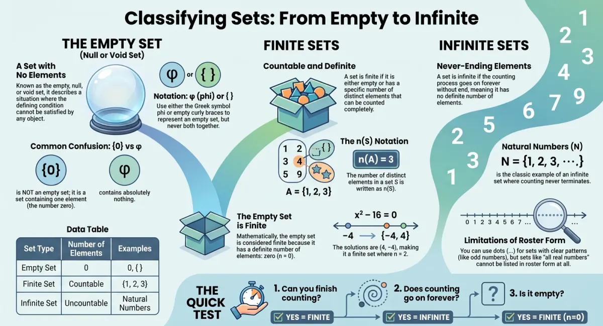 Empty Set, Finite Sets and Infinite Sets Explained with Examples