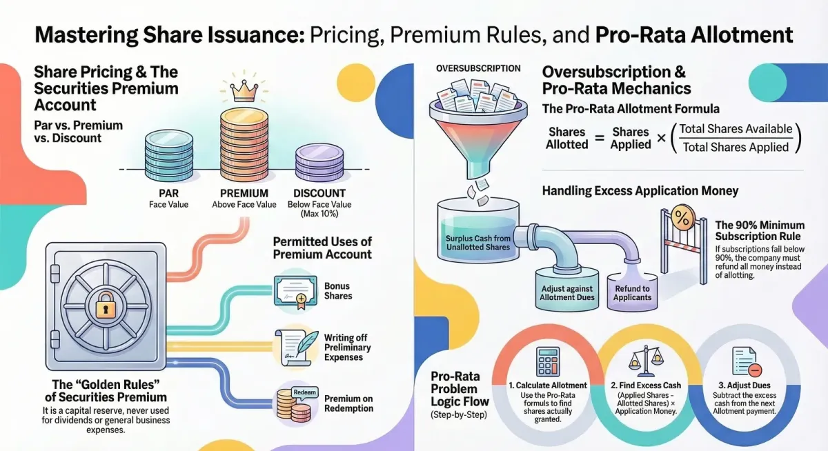 Issue of Shares: At Par, Premium & Discount — Plus Oversubscription & Pro-Rata Allotment — Comprehensive visual summary and infographic