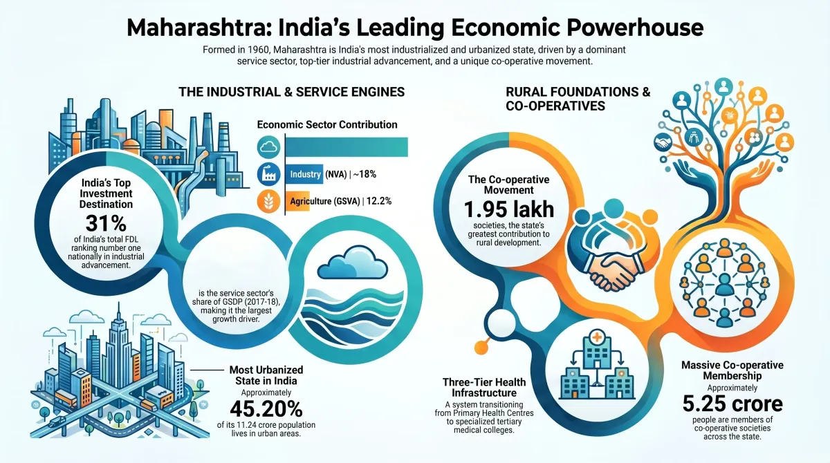 Economy of Maharashtra Class 11 – Agriculture, Industry, Service Sector and Infrastructure — Visual summary and infographic