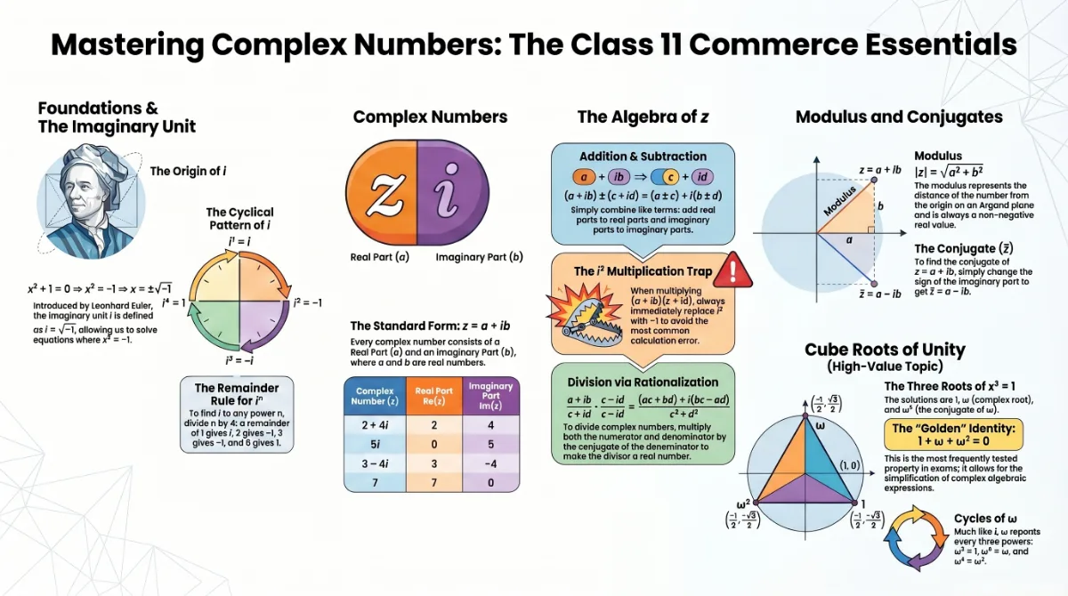 Complex Numbers Class 11 Commerce Maths – Definitions, Algebra & Cube Roots of Unity — Visual summary and infographic