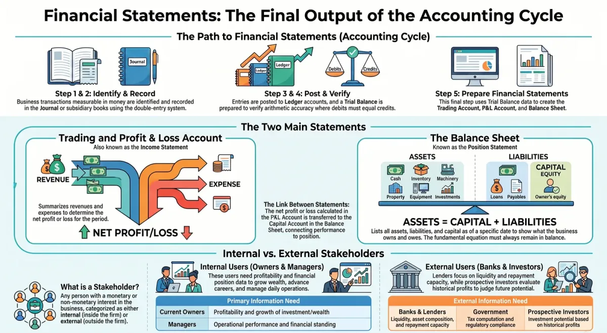 Infographic summarising What Are Financial Statements? Types, Objectives & Stakeholders | CBSE Class 11 Accountancy