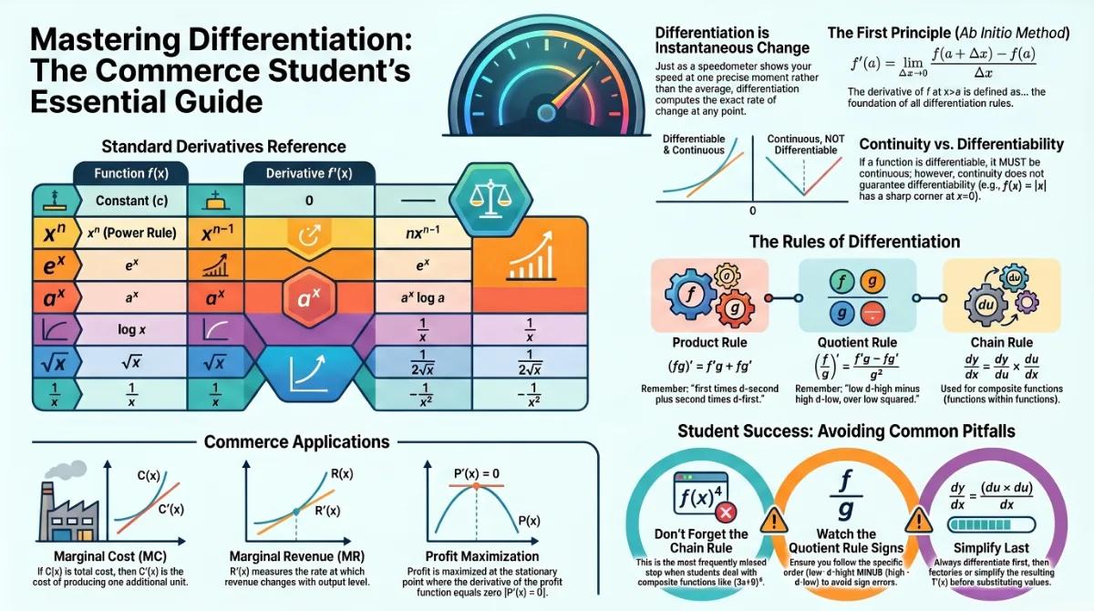 Differentiation Class 11 Commerce Maths – Derivatives, Rules & Applications Explained — Visual summary and infographic
