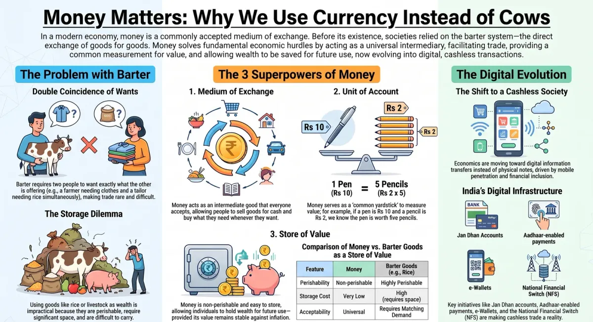 Functions of Money in Economics: Medium of Exchange, Unit of Account & Store of Value Explained