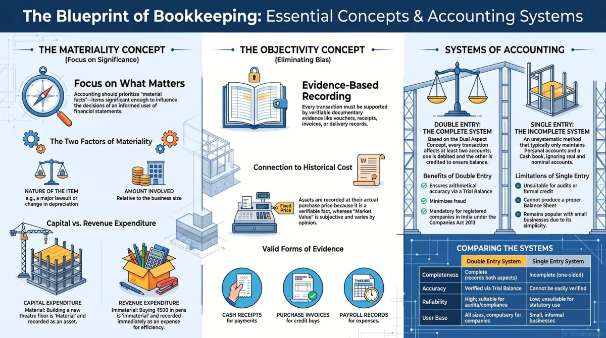 Materiality & Objectivity Concepts + Double vs Single Entry System | Class 11 Accountancy