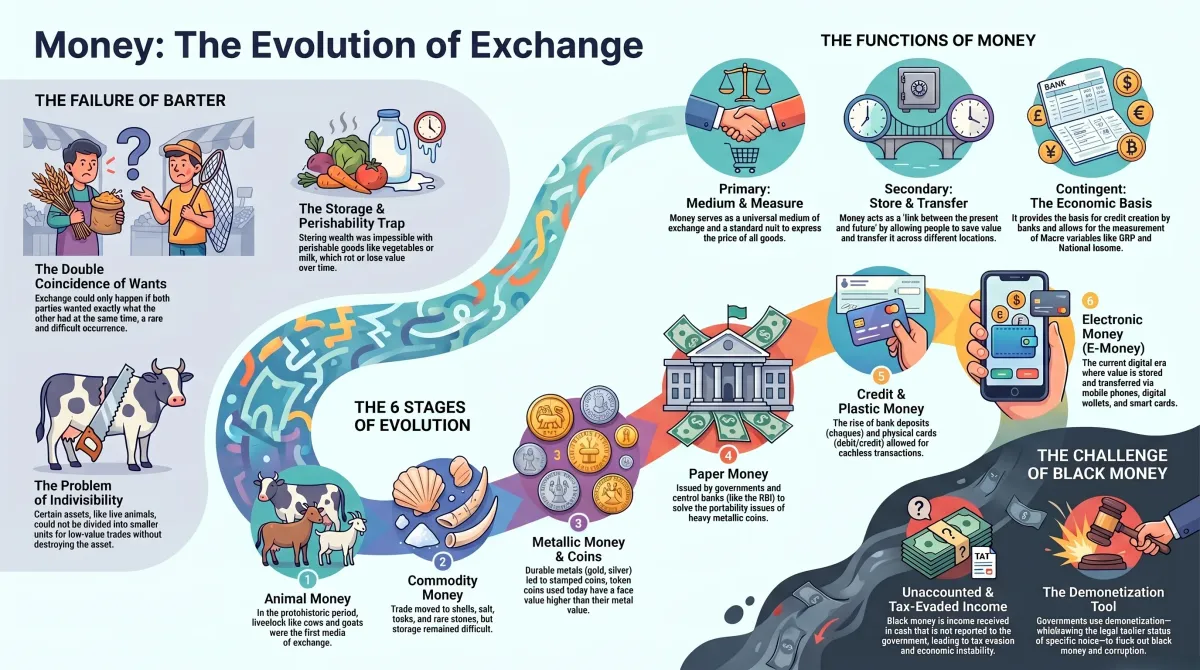 Money Class 11 Economics – Barter System, Evolution, Functions and Black Money — Visual summary and infographic