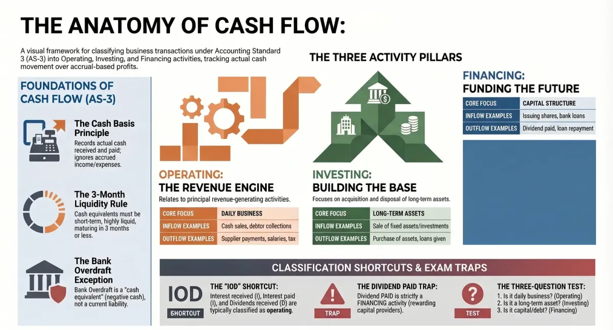 Cash Flow Statement: What It Is & How the Three Activities Are Classified — CBSE Class 12 — Comprehensive visual summary and infographic