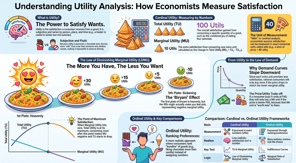 Utility in Economics: Total Utility, Marginal Utility & the Law of Diminishing Marginal Utility — Visual summary and infographic