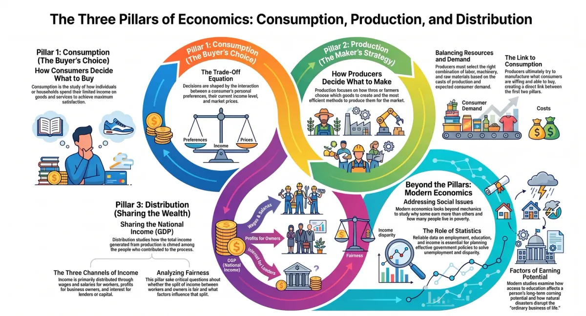 Consumption, Production and Distribution — The Three Pillars of Economics cover image
